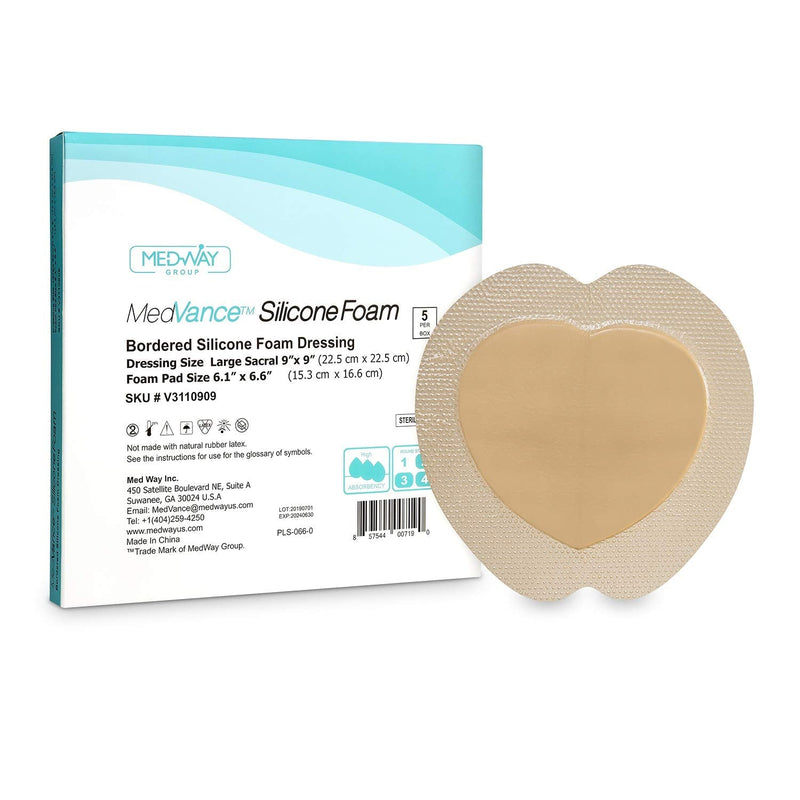 [Australia - AusPower] - MedVanceTM Silicone - Bordered Silicone Adhesive Foam Dressing Sacral, Size 9"x9" (6.1"x6.6" Pad), Box of 5 dressings 5 Count (Pack of 1) 