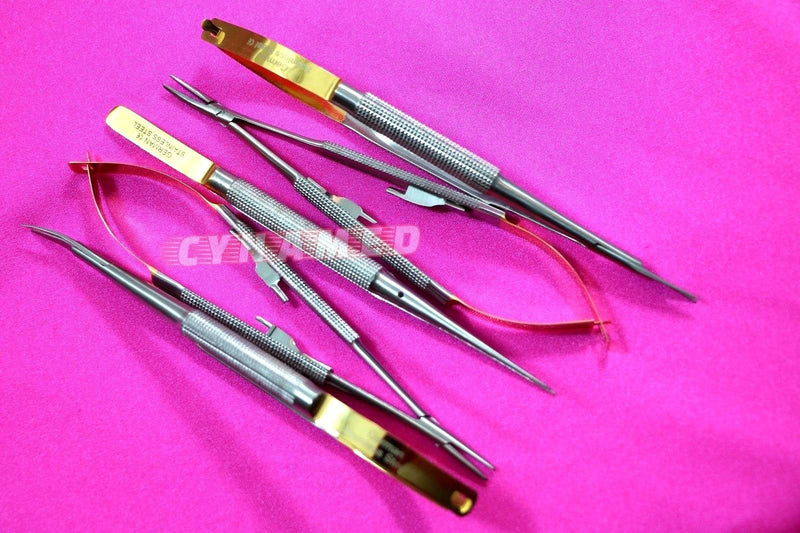 [Australia - AusPower] - German Stainless Set of 5 Castroviejo Micro Scissors Needle Holder Straight and Curved and Micro Forceps Dental Eye Instruments 