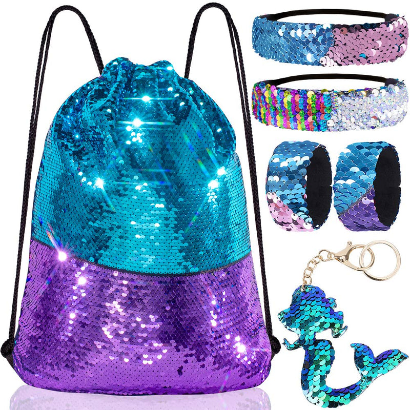 [Australia - AusPower] - Mermaid Reversible Sequin Drawstring Backpack Christmas Gift Party Bag Headband Keychain Bracelet for Kids Girls Birthday 1-blue/Purple 