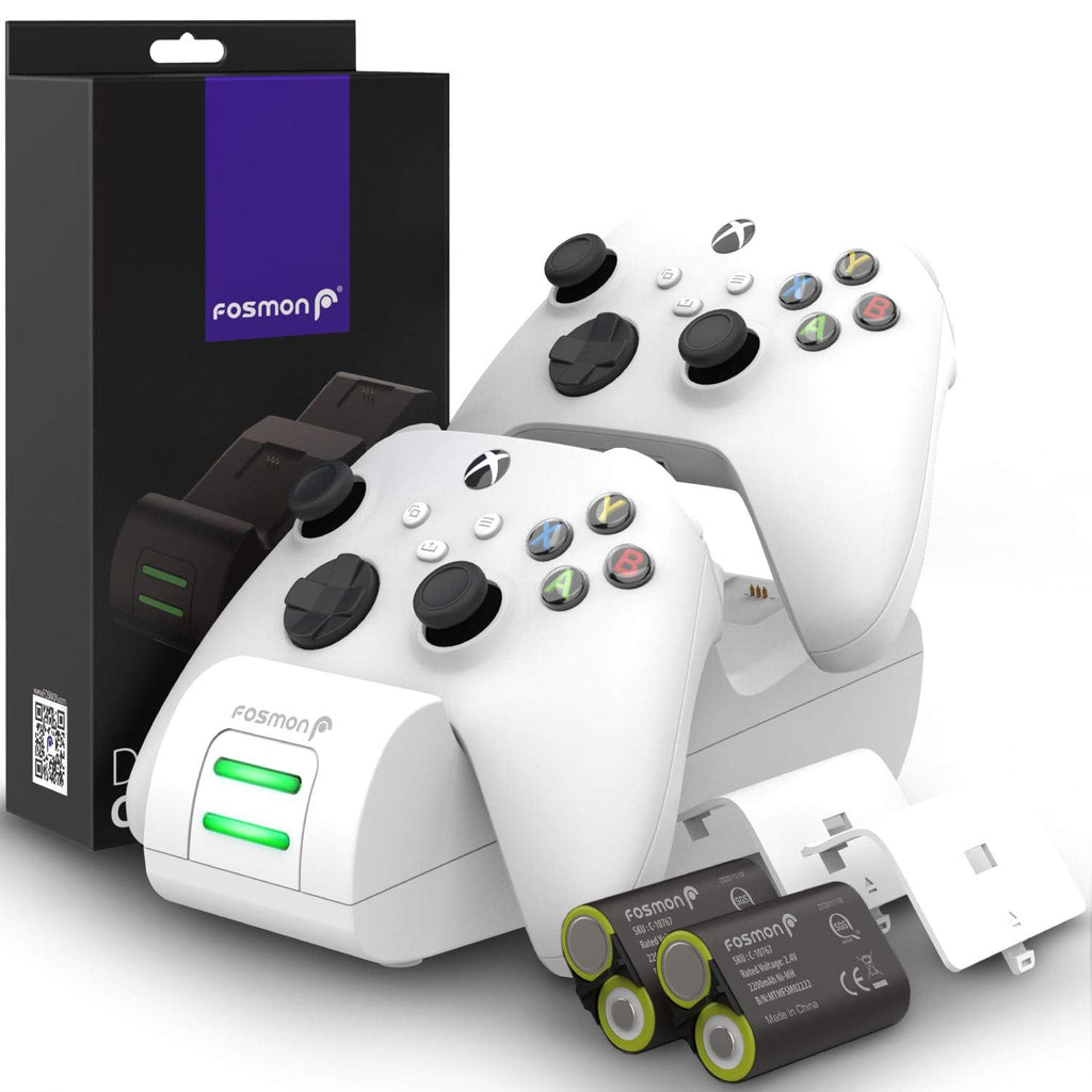 [Australia - AusPower] - Fosmon Dual 2 MAX Charger Compatible with Xbox Series X/S (2020), Xbox One/One X/One S Elite Controllers, High Speed Docking Charging with High Capacity 2X 2200mAh Rechargeable Battery Packs - White 
