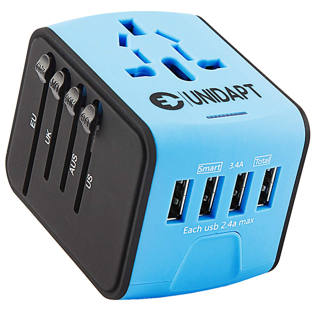 [Australia - AusPower] - Unidapt Universal Travel Adapter, International Outlet Adaptor, Fast 2,4A 4-USB Worldwide European Power Charger, AC Wall Plug Adapters – All in One for Europe US USA UK EU AUS & Asia Blue 