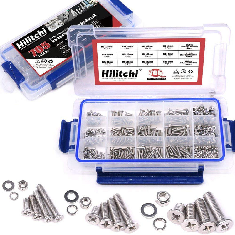 [Australia - AusPower] - Hilitchi 705-Pcs M3 M4 M5 Phillips Flat Head Machine Screws Bolts Nuts Flat and Lock Washers Assortment Kit, 304 Stainless Steel, 8 to 20mm Length, Full Thread 