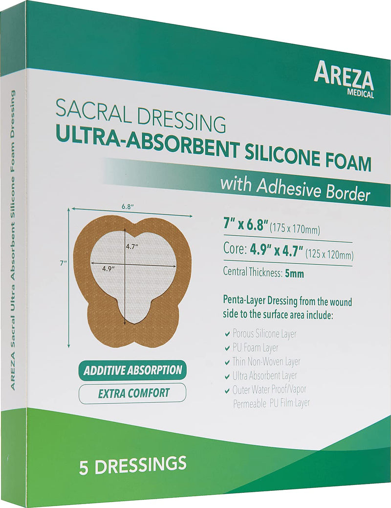 [Australia - AusPower] - Sacral Silicone Ultra-Absorbent Foam Dressing 7" X 6.8" Box of 5; Wound Dressing By Areza Medical 