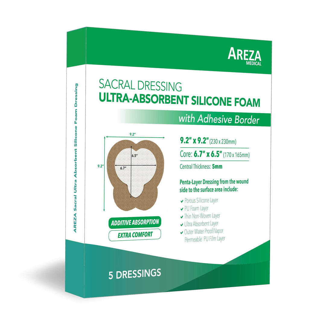 [Australia - AusPower] - Sacral Ultra-Absorbent Silicone Foam Dressing 9.2" X 9.2" Box of 5; Sterile; Wound Dressing By Areza Medical 