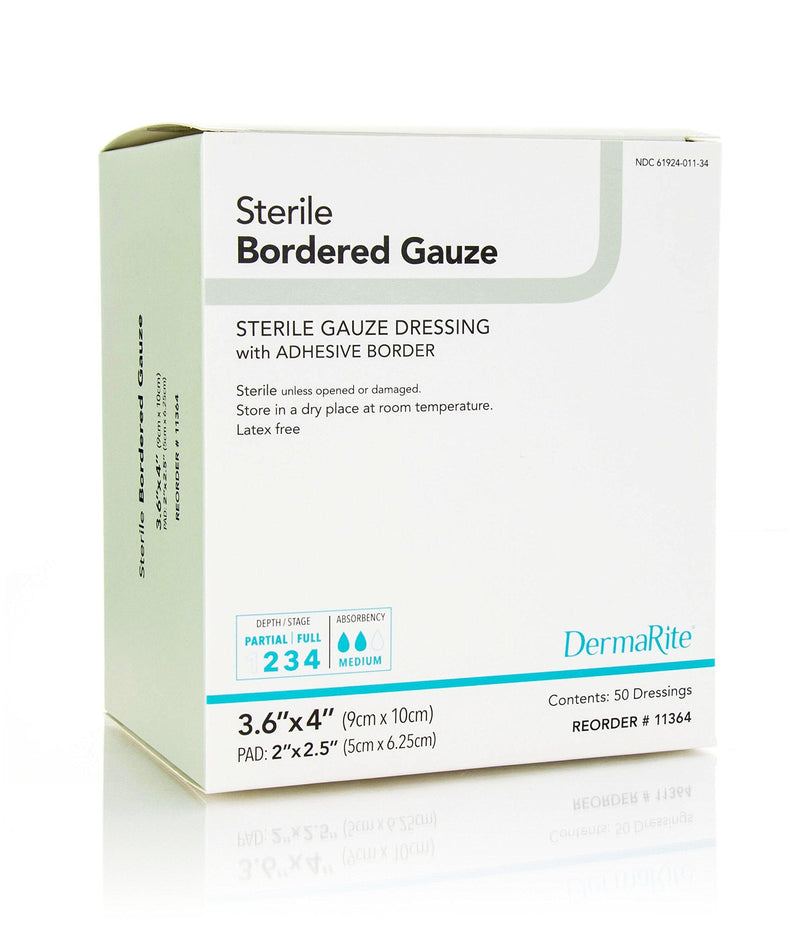 [Australia - AusPower] - Dermarite Industries Sterile Bordered Dressing with Adhesive Border, 50 Count 3.6x4 Inch (Pack of 50) 