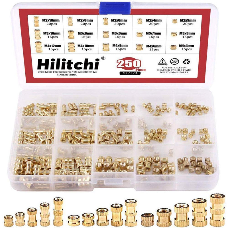 [Australia - AusPower] - Hilitchi 250-Pcs M2 / M3 /M4 Female Thread Brass Knurled Threaded Insert Embedment Nuts Assortment Kit 