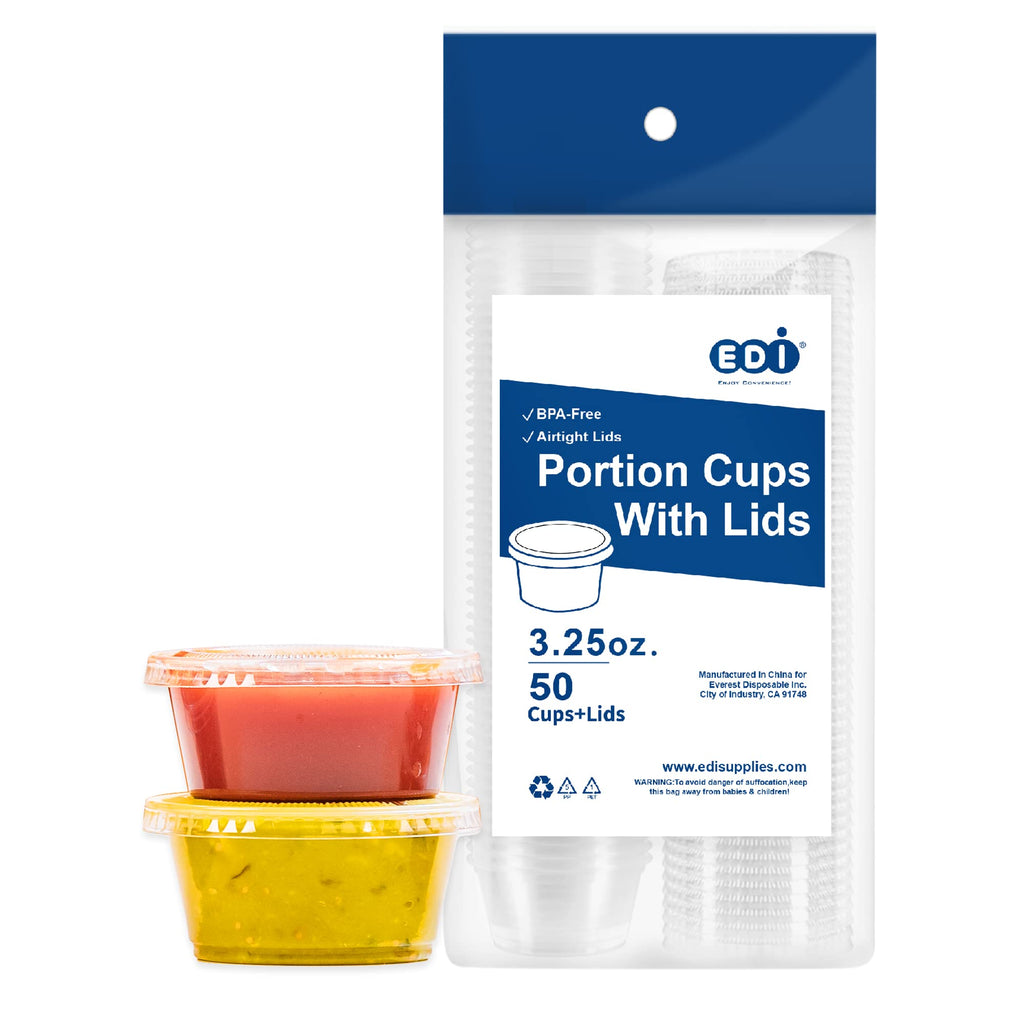[Australia - AusPower] - [3.25 OZ, 50 Sets] EDI Clear Disposable Plastic Portion Cups with Leakproof Lids | Jello Shot Cups | Condiment and Dipping Sauce Cups | Souffle Cups | BPA Free | Recyclable 