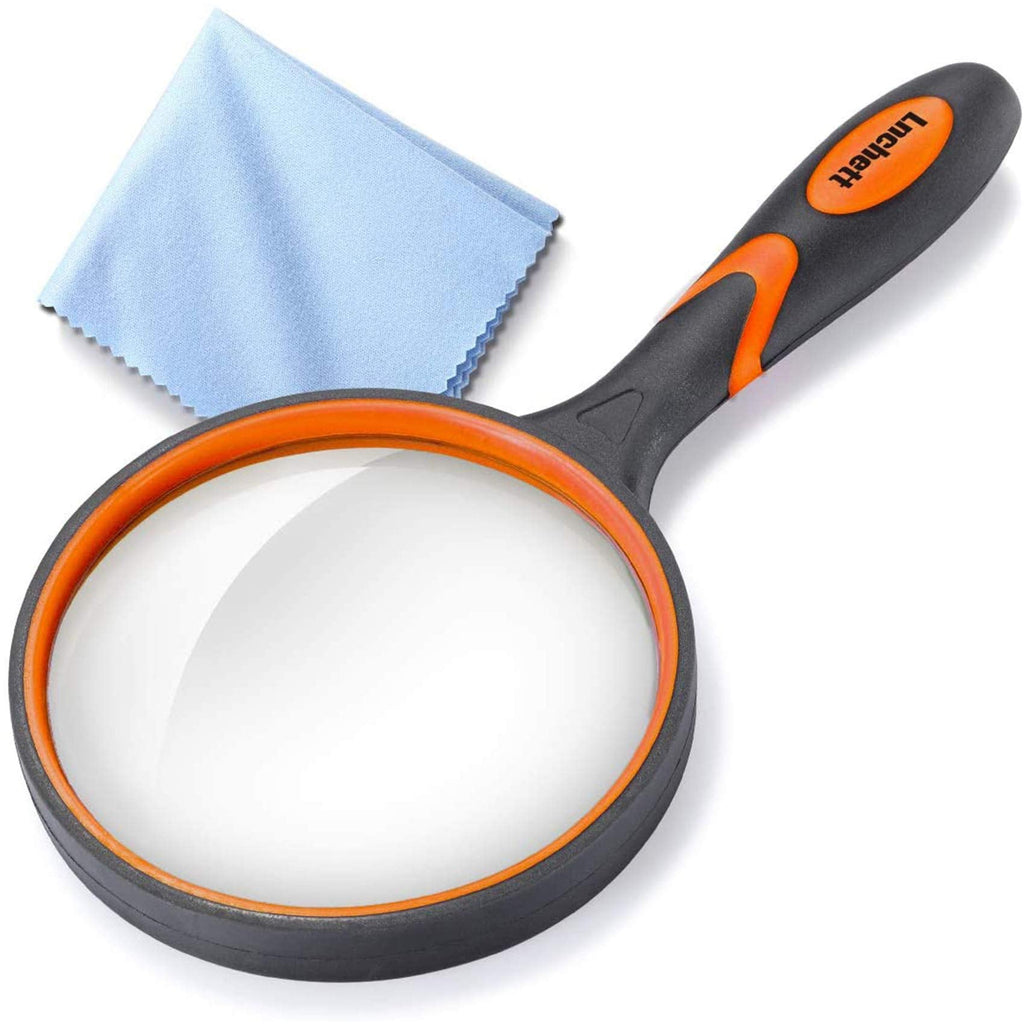 [Australia - AusPower] - Dicfeos Magnifying Glass 10X Handheld Reading Magnifier with Cleaning Cloth-100MM Large Magnifying Lens with Non-Slip Soft Handle for Seniors Book Newspaper Reading and Kids Nature Hobby Exploration 