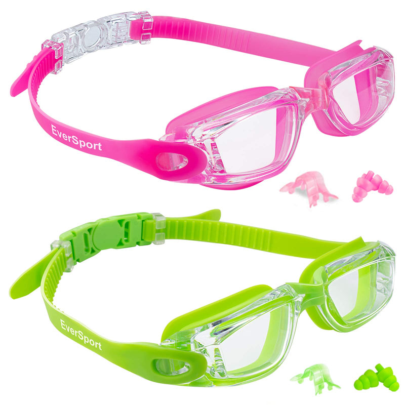 [Australia - AusPower] - Kids Swim Goggles, Pack of 2 Swimming Goggles for Children Teens, Anti-Fog Anti-UV Youth Swim Glasses Leak Proof for Age4-16 Green & Rose Red 