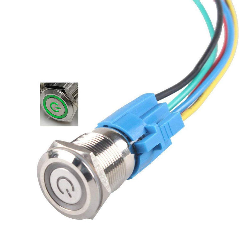 [Australia - AusPower] - HiLetgo Latching Pushbutton Switch 16mm 5/8" 12V-24V 5A Power Angel Eye LED Light Metal Toggle Switch with Wire Socket Plug M Green 1 