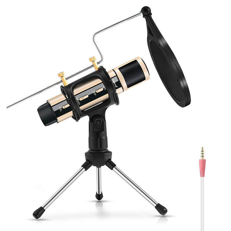 [Australia - AusPower] - Studio Recording Microphone, ZealSound Condenser Broadcast Microphone w/Stand Built-in Sound Card Echo Recording Karaoke Singing for Phone Computer PC Garageband Smule Live Stream & YouTube (Gold) Gold 
