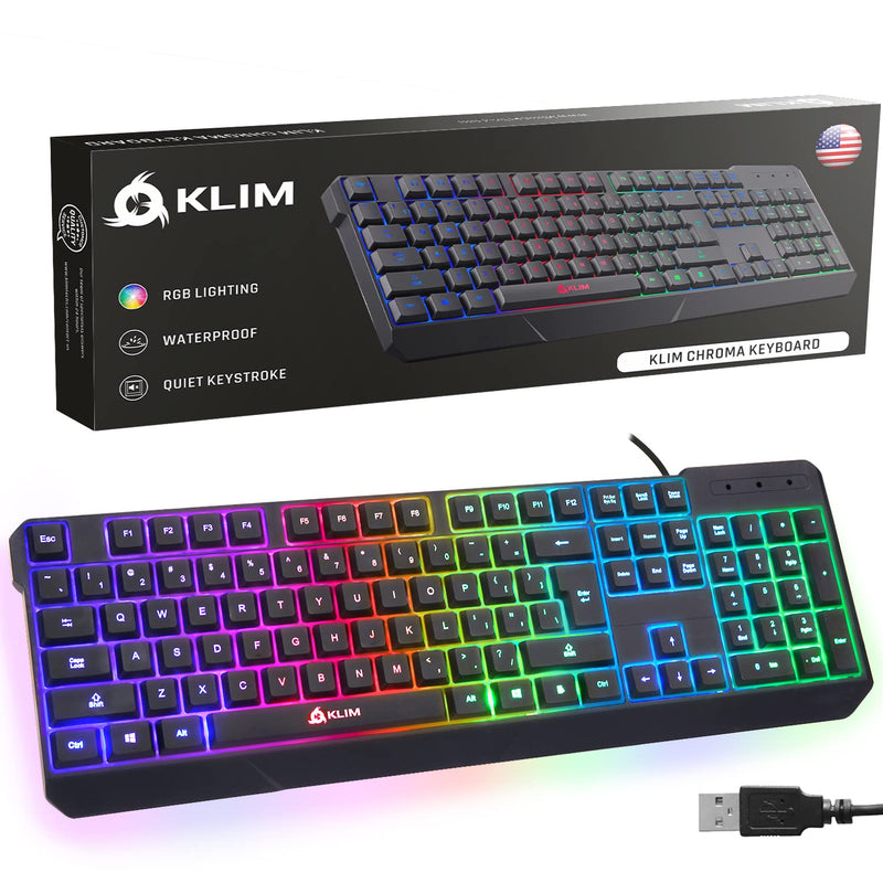 [Australia - AusPower] - KLIM Chroma Gaming Keyboard Wired USB + New 2022 Version + Durable, Ergonomic, Waterproof, Silent Keyboard + 2 ms Response Time + Backlit Keyboard for PC Mac PS4 PS5 Keyboard + Black 