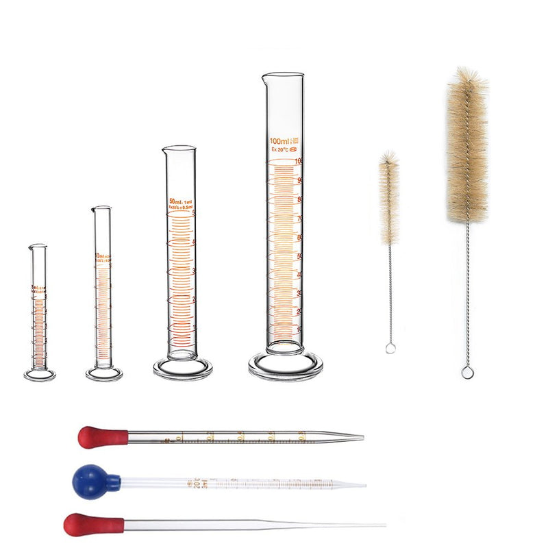 [Australia - AusPower] - Thick Glass Graduated Measuring Cylinder Set 5ml 10ml 50ml 100ml with Two Brushes Three Pipettes 