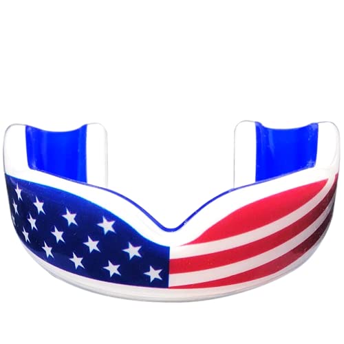 [Australia - AusPower] - Oral Mart Sports Youth Mouth Guard for Kids (USA Flag & Vampire Fangs & 15 Colors) - Youth Mouthguard (BPA Free) MMA, Karate, Flag Football, Martial Arts, Rugby, Boxing, BJJ, Hockey (/w Vented Case) Youth (Age 12 & Below) American Flag 