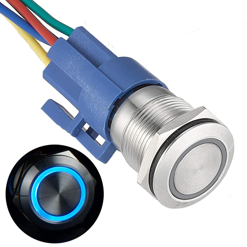 [Australia - AusPower] - APIELE 19mm Latching Push Button Switch 12V DC Angel Eye Halo Ring LED Metal 0.74" 1NO1NC SPDT with Wire Socket Plug (Blue) Silver Shell Blue 