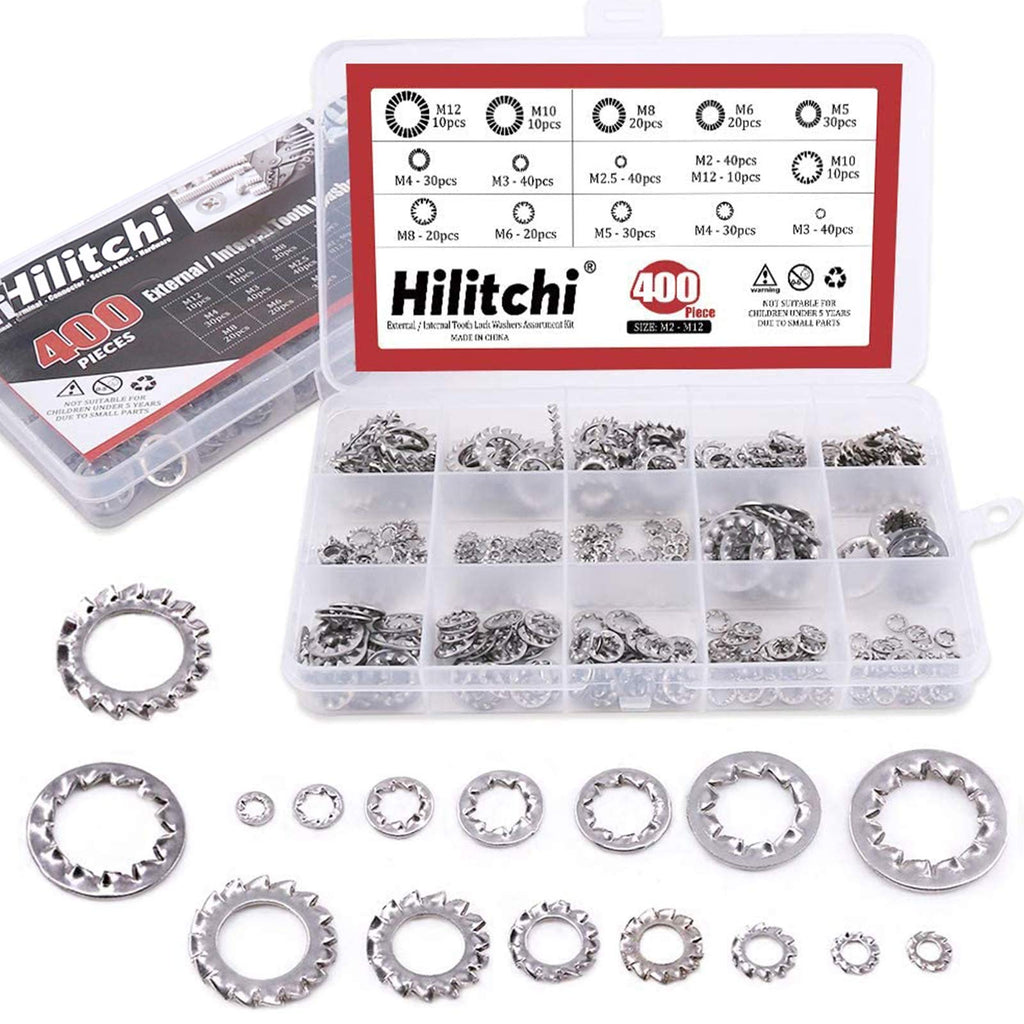 [Australia - AusPower] - Hilitchi 400-Pcs 304 Stainless Steel External Internal Tooth Star Lock Washers Assortment Kit - Included: M2 M3 M4 M5 M6 M8 M10 M12 