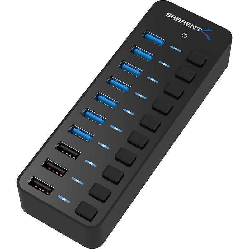 [Australia - AusPower] - SABRENT 60W 10-Port USB 3.0 Hub Includes 3 Smart Charging Ports with Individual Power Switches and LEDs and 60W 12V/5A Power Adapter (HB-B7C3) 7 + 3 Charging Ports 