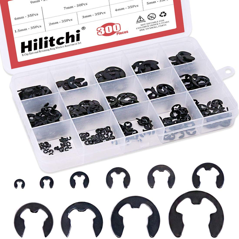[Australia - AusPower] - Hilitchi 300-Pcs Alloy Steel E-Clip Circlip External Retaining Ring Assortment Set - 1.5mm to 10mm 