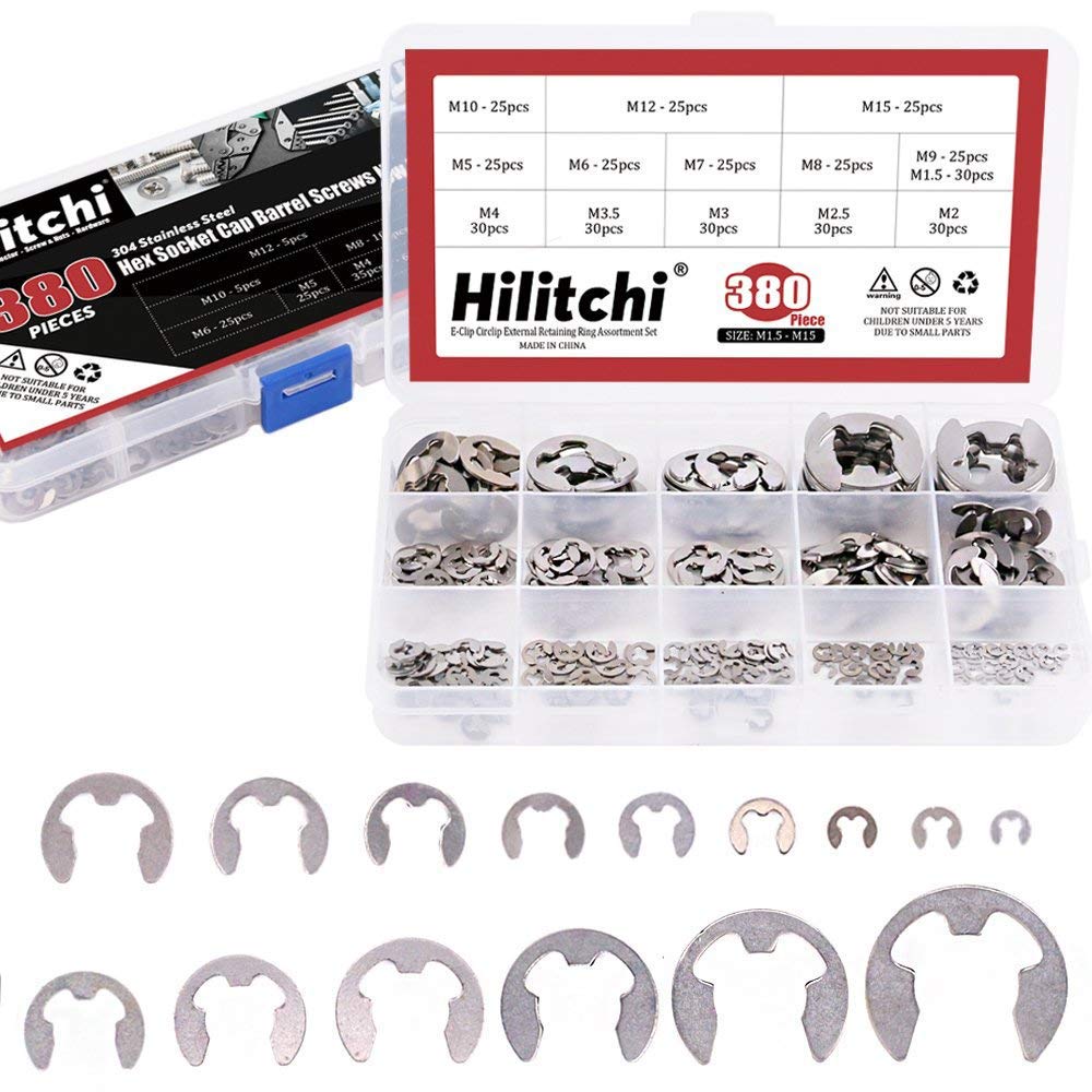 [Australia - AusPower] - Hilitchi 380-Pcs [14-Size] E-Clip Circlip External Retaining Ring Assortment Set - 304 Stainless Steel 