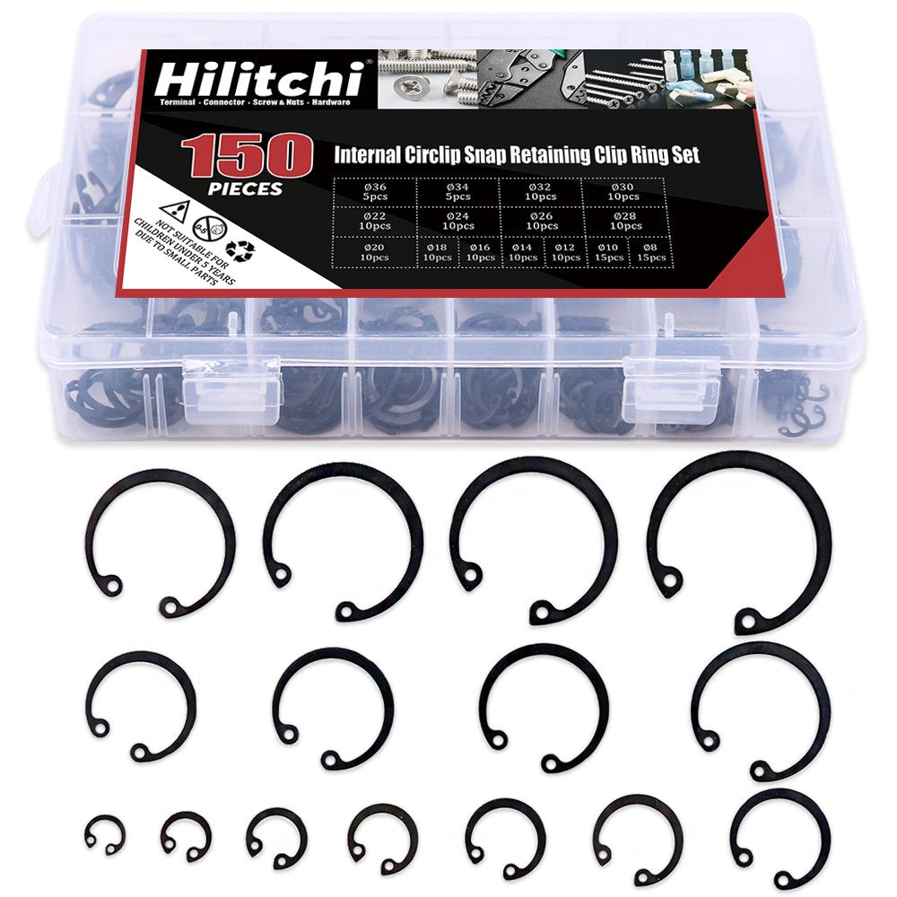 [Australia - AusPower] - Hilitchi 150-Pcs [15-Size] Alloy Steel Internal Circlip Snap Retaining Clip Ring Assortment Kit - Size: 8mm to 36mm 