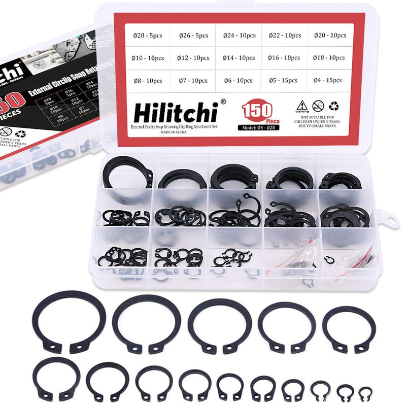 [Australia - AusPower] - Hilitchi 150-Pcs Alloy Steel External Circlip Snap Retaining Clip Ring Assortment Kit - Size: 4mm to 28mm Black 