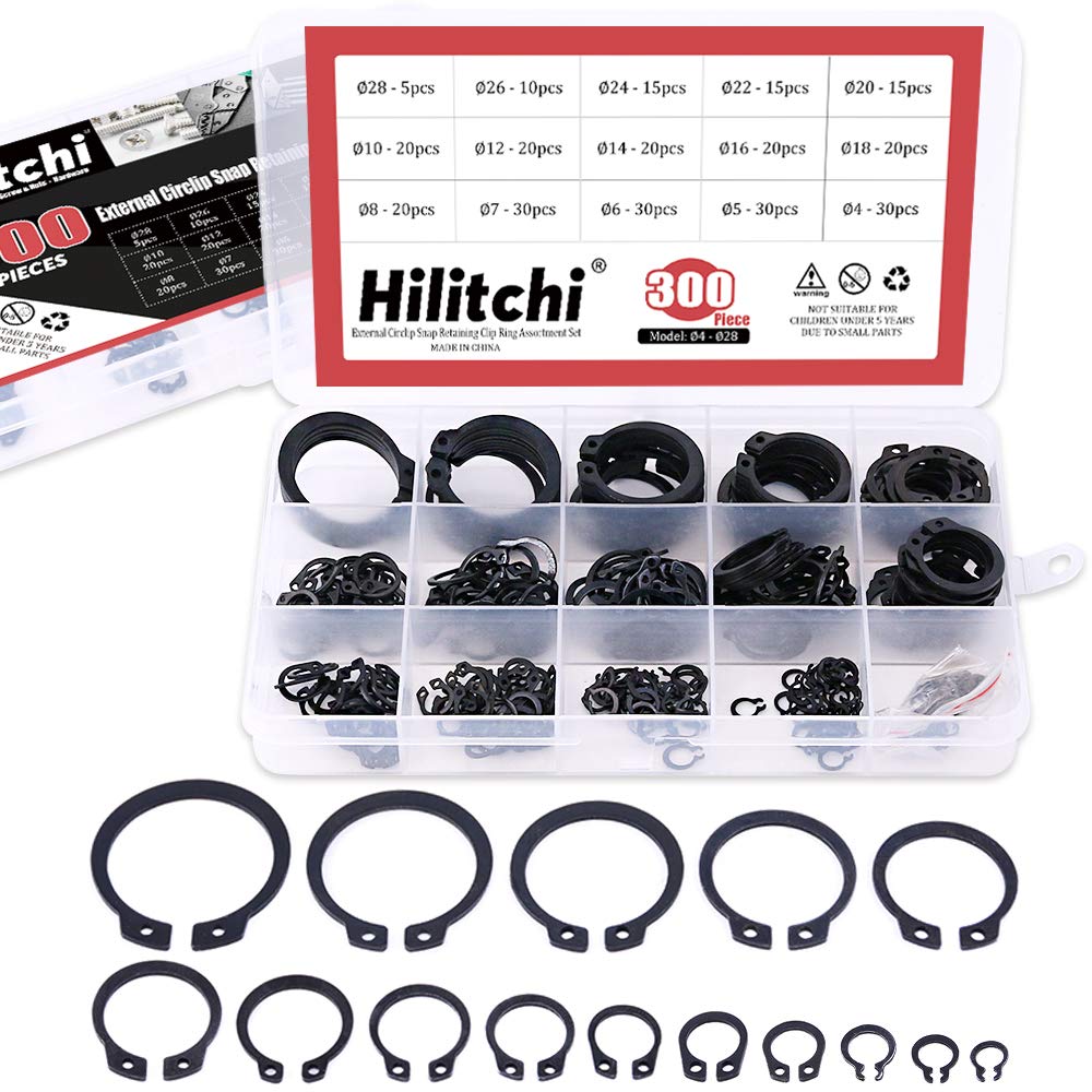 [Australia - AusPower] - Hilitchi 300-Pcs [15-Size] Alloy Steel External Circlip Snap Retaining Clip Ring Assortment Set 