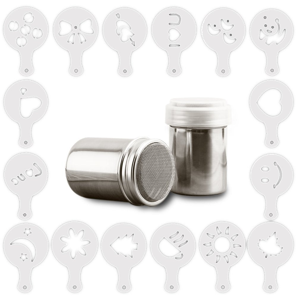 [Australia - AusPower] - homEdge 2 Pcs of Stainless Steel Powder Dredges with 16 Pcs Coffee Printing Molds, Cocoa Powder Shaker and Garland Molds with 16 Patterns for Latte, Mocha, Cuppucino, Latte Accessories Cake Printing, 