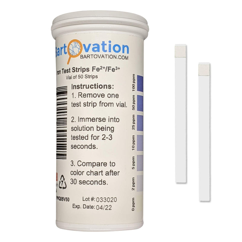 [Australia - AusPower] - Iron Test Strips, 0-100 ppm [Vial of 50 Strips] for Measuring Free Soluble Iron (Fe2+ and Fe3+) 
