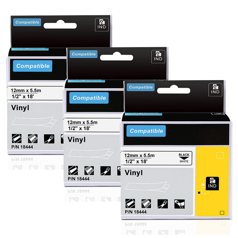 [Australia - AusPower] - Aonomi Compatible Industrial Label Tapes Replacement for DYMO 18444 Permanent Vinyl Tapes for DYMO Rhino 4200 5200 5000 6000 Industrial Label Maker Black on White 1/2 Inch x 18 Feet, 3-Pack 