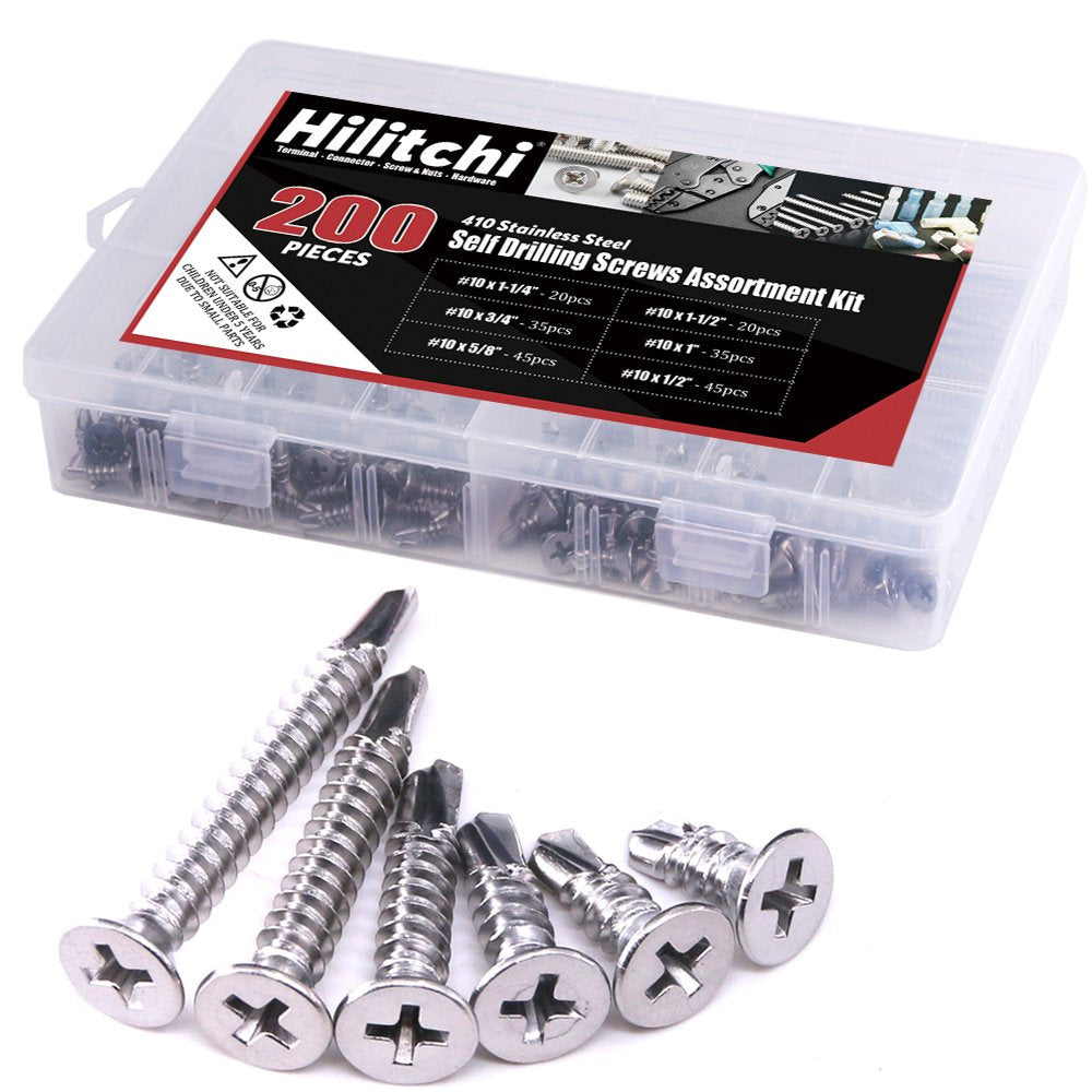 [Australia - AusPower] - Hilitchi 410 Stainless Steel #10 Flat Head Phillips Self Drilling Screws Sheet Metal Tek Screws Assortment Kit, Modified Truss Head Self Driller - Size: #10 x 1/2'' - 1-1/2'' - Pack of 200 