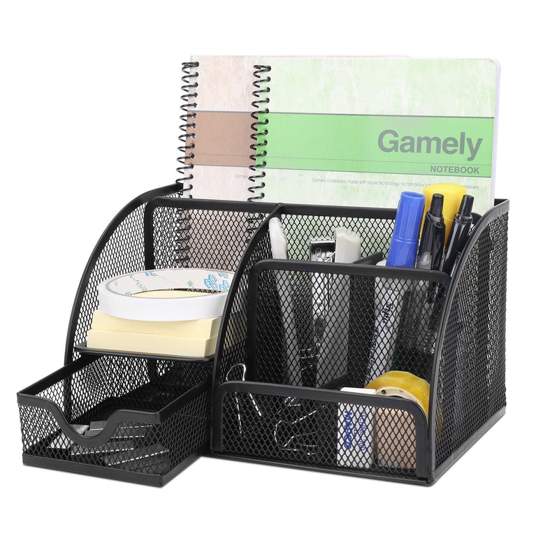 [Australia - AusPower] - Flexzion Desk Organizer Office Supplies Accessories Desktop Tabletop Sorter Shelf Pencil Holder Caddy Set - Metal Mesh with Drawer and 6 Compartments (Black) 