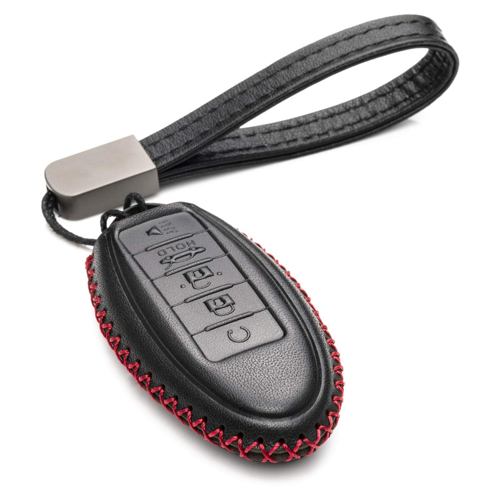 [Australia - AusPower] - Vitodeco Leather Smart Key Fob Case Compatible with Nissan Versa, Sentra, Altima, Maxima, Rogue 2007-2022 (5 Buttons, Black/Red) 5 Buttons 