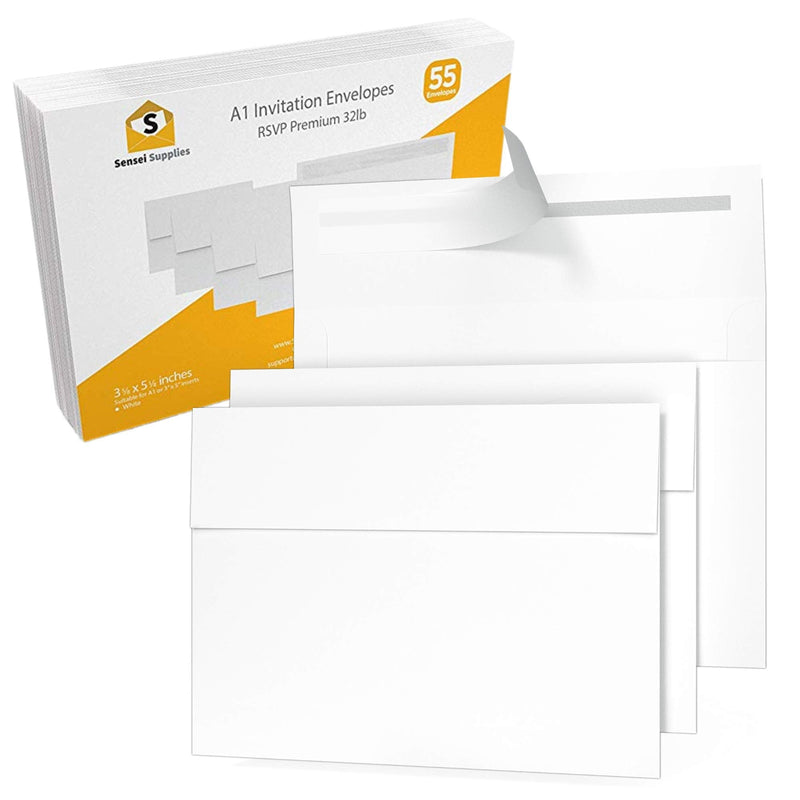 [Australia - AusPower] - 55 3 ⅝ x 5 ⅛ White RSVP Small Envelopes - A1 - For Weddings Response Cards, Baby Showers, Thank You Notes, Photos and any 3” x 5” inserts - W/Peel, Press & Self Seal - Square Flap A1 55 Pack 