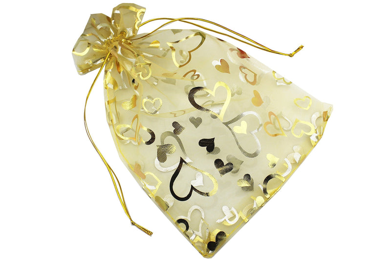 [Australia - AusPower] - QIANHAILIZZ 8 x 12 Inch 100 Drawstring Heart Flower Bags Organza Jewelry Gift Pouch Candy Pouch Drawstring Wedding Favor Bags (Gold Heart) Gold Heart 