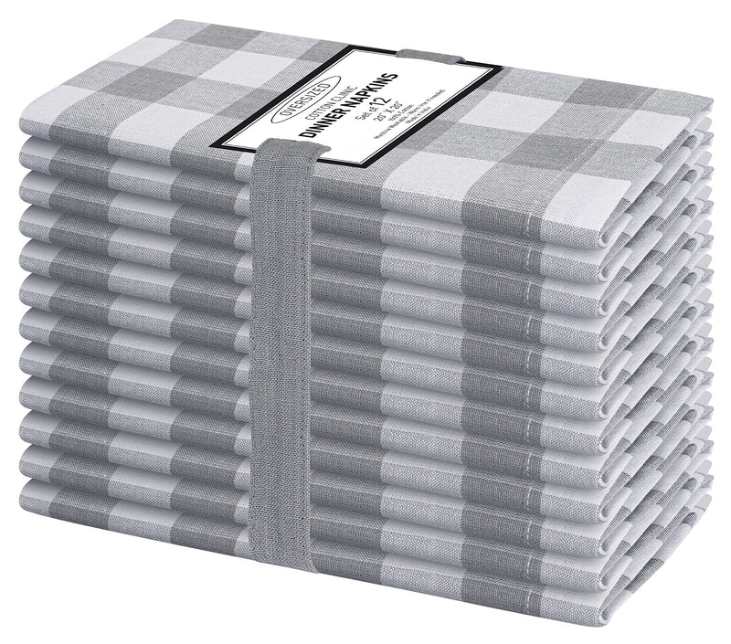 [Australia - AusPower] - Cotton Clinic 20x20 Gingham Buffalo Check Cloth Dinner Napkins Pack of 12, 100% Cotton Cocktail Napkins, Wedding Dinner Napkins with Mitered Corners and Generous Hem - Gray White Gray White Napkins Napkins 20x20 