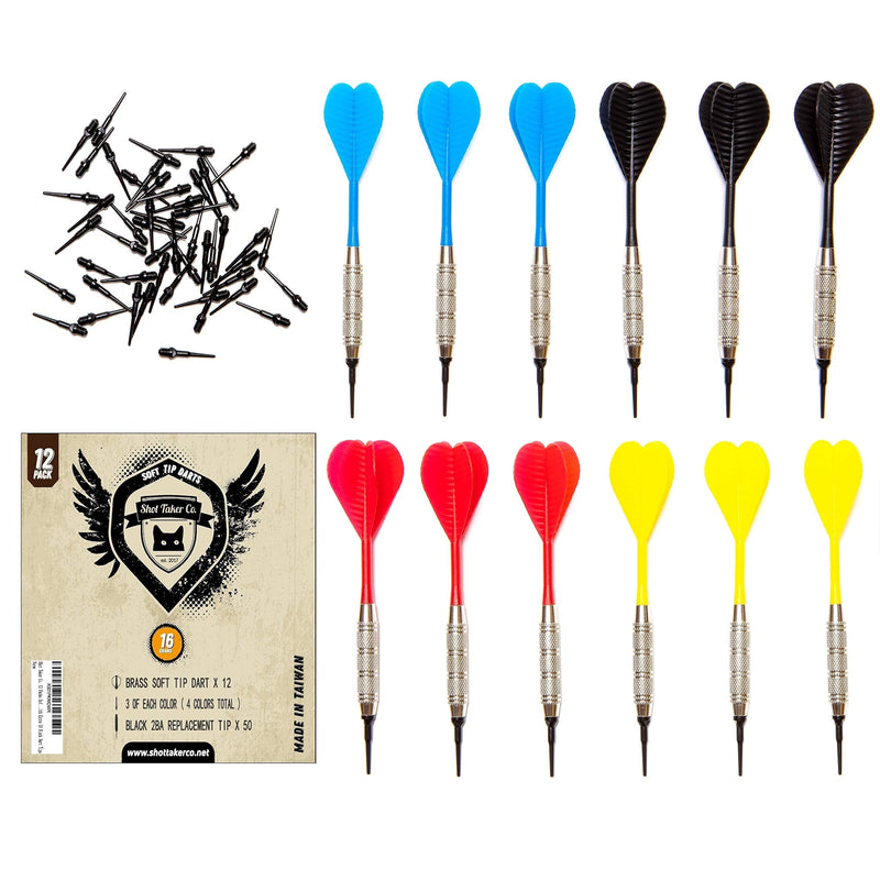 [Australia - AusPower] - SHOT TAKER CO. EST. 2017 Soft Tip Darts Set |12 pc Bar Darts | 50 Extra Black 2BA Tips | 3 of Each Color| Fun Darts for 4 Players on Electronic/Plastic Dartboard STC10406-16g-Nickel Silver Barrel 