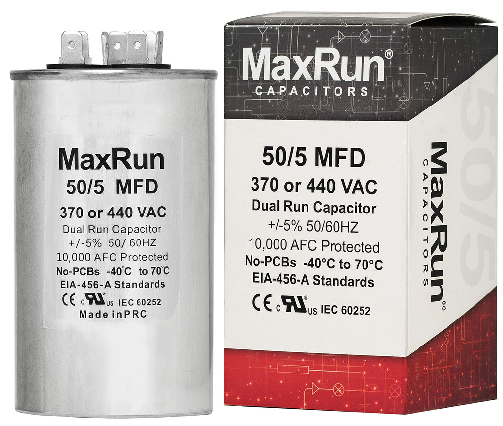 [Australia - AusPower] - MAXRUN 50+5 MFD uf 370 or 440 Volt VAC Round Dual Run Capacitor for Air Conditioner or Heat Pump Condenser - 50/5 Microfarad Runs AC Motor and Fan - 5 Year Warranty 