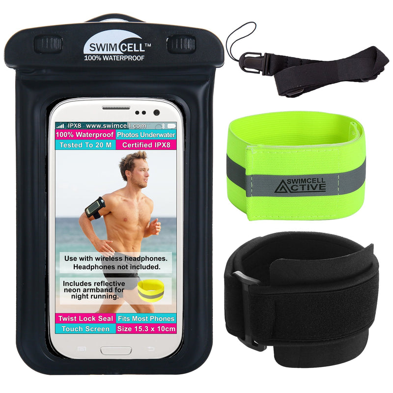 [Australia - AusPower] - Waterproof Phone Holder Armband Case for Swimming Running Walking. Fits All Standard Size Phones up to 6.3inches- iPhone 11, 13 Pro Samsung Galaxy S. Android. Bonus Hi-Vis Armband and Neck Lanyard. Armband No Headphone Jack Black 