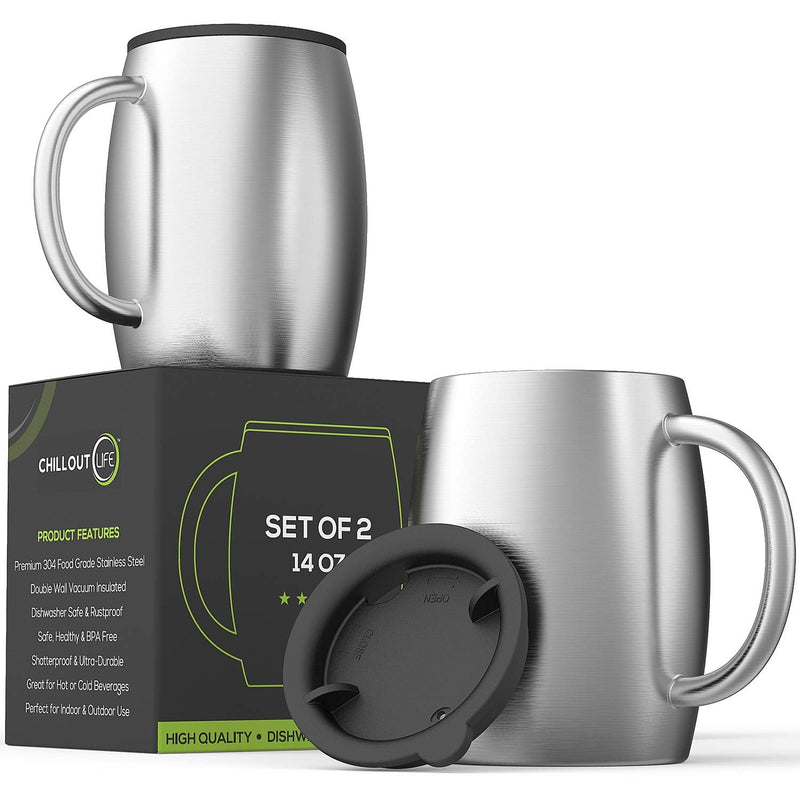 [Australia - AusPower] - Stainless Steel Insulated Coffee Mugs Set of 2 (14oz) – Double Wall Coffee Cups With Spill Resistant Lid & Strong Handle – Shatterproof Cups for Cold Drinks & Hot Beverages - for Indoor & Outdoor Use Stainless Steel 14 oz (pack of 2) 