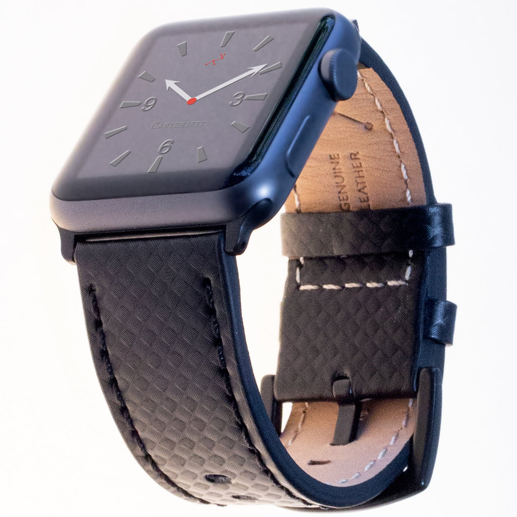 [Australia - AusPower] - Carterjett Compatible with Apple Watch Band 41mm 40mm 38mm Genuine Leather Replacement iWatch Band Dressy Carbon Fiber Style Classic Buckle Clasp 7 6 5 4 3 2 1 Deluxe Edition Sport (41 40 38 S/M Black) Black Carbon Fiber w/ Matte Black hardware 