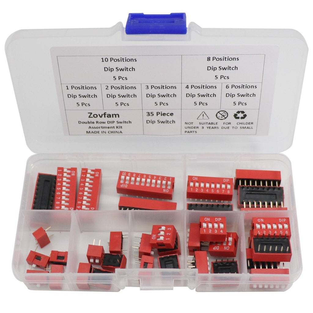 [Australia - AusPower] - Double Row Dip Switch Assorted Kit Box Range 1 2 3 4 6 8 10 Position 2.54mm PCB Mountable On Off Dip DIL Switch,Slide Type Red Toggle Switch for Circuit Breadboards and Arduino 35Pcs 