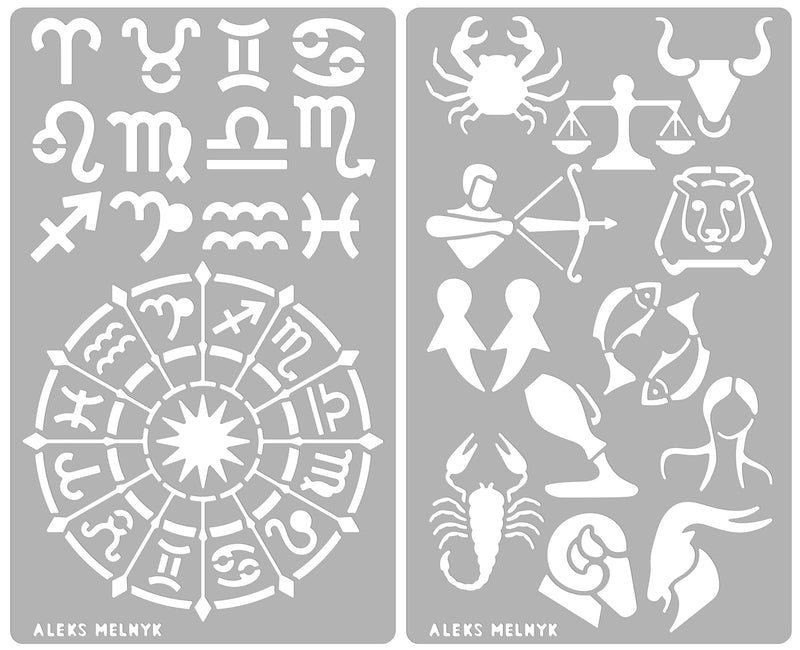 [Australia - AusPower] - Aleks Melnyk #29 Metal Stencil, Zodiac Circle Symbols, Stainless Steel Stencil 2 PCS, Template Tool for Wood Burning, Pyrography and Engraving, Astrological, Astrology, Horoscope Wheel Chart 