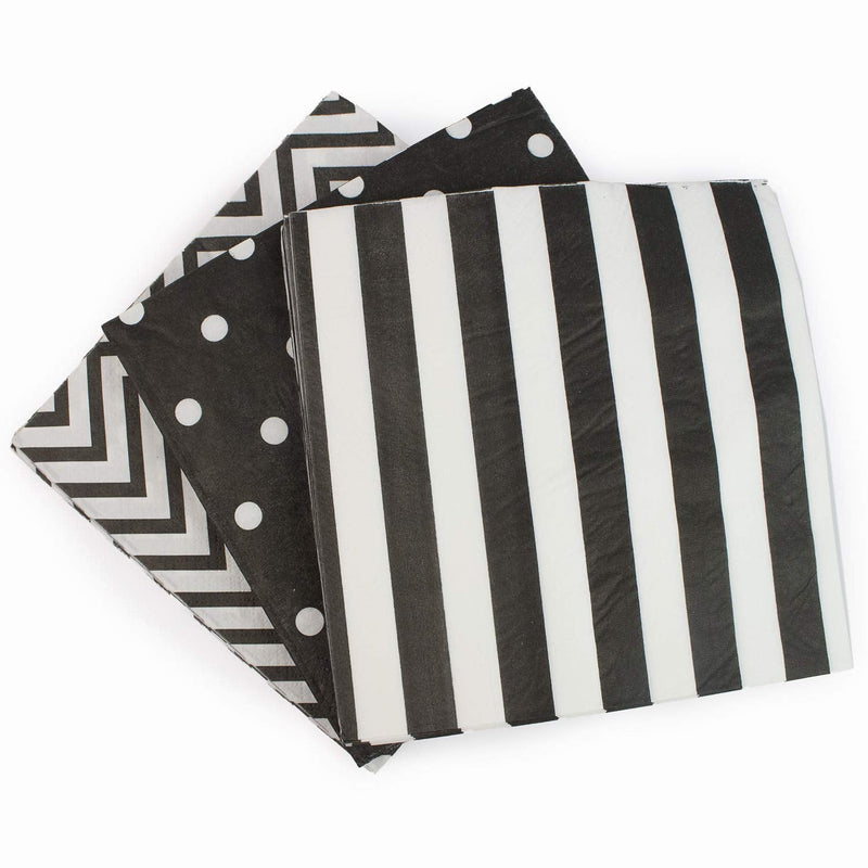 [Australia - AusPower] - Anyneo Disposable 2-ply Party Napkins, Striped Chevron Polka Dot Paper Beverage Napkins for Birthday, Christmas or Anniversary Celebration, Cocktail Beverage Napkins 60-Count,13" x 13" Black 