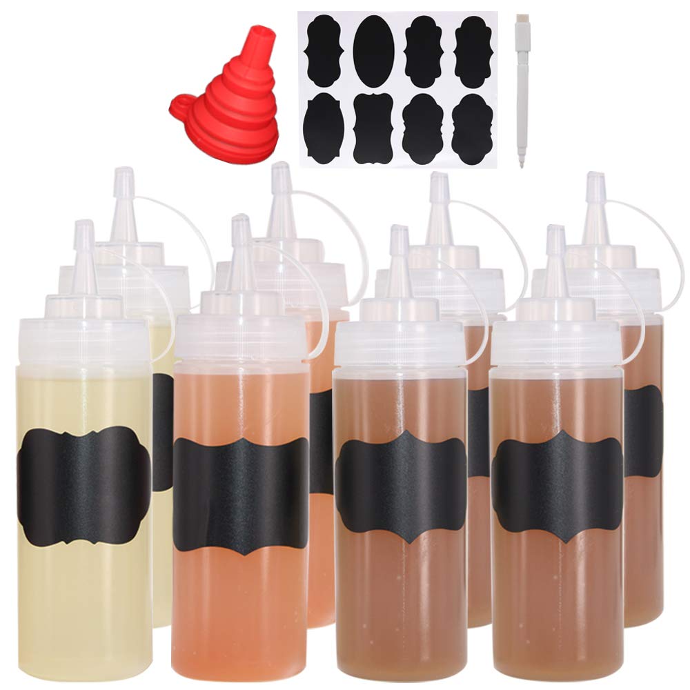 [Australia - AusPower] - Belinlen 8 Pack 12 oz Plastic Squeeze Squirt Condiment Bottles with Twist On Cap Lids - Perfect for Condiments, Oil, Icing, Liquids–Set of 8 with extra 1 Silicone Funnel, 8 Chalk Labels and 1 Pen (1) 12 oz(8pack) 