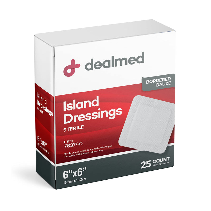 [Australia - AusPower] - Dealmed Sterile Bordered Gauze Island Dressings – 25 Count, 6" x 6" Gauze Pads, Disposable, Latex-Free, Adhesive Borders with Non-Stick Pads, Wound Dressing for First Aid Kit and Medical Facilities 6x6 Inch (Pack of 25) 