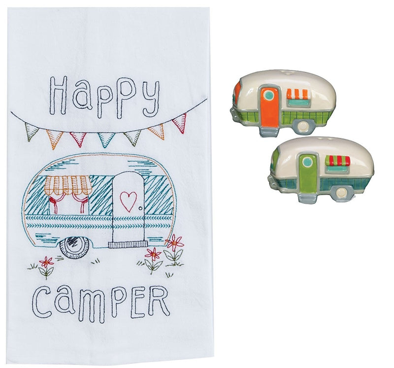[Australia - AusPower] - Happy Camper 3 Piece Kitchen Bundle, Towel with Salt and Pepper Shakers 