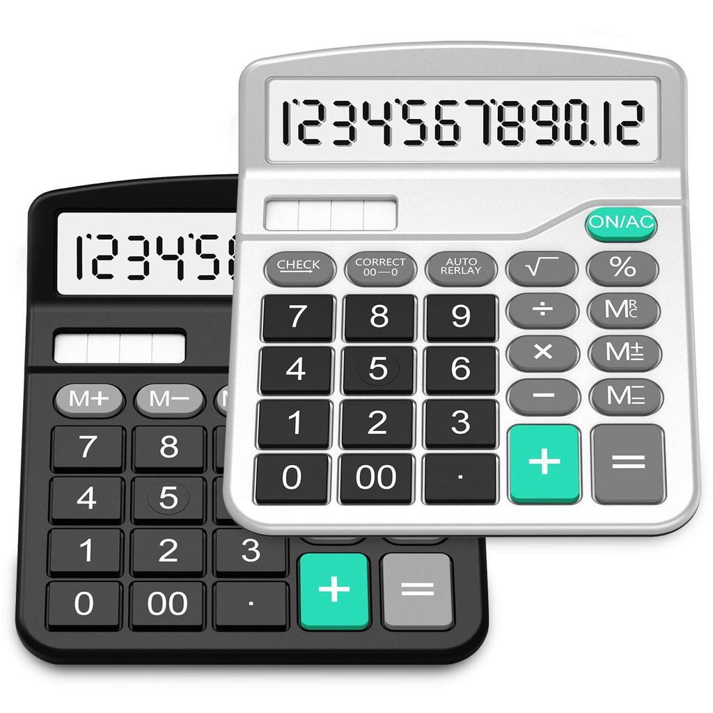 [Australia - AusPower] - Calculators, Splaks 2 Pack Standard Functional Desktop Calculators Sola and AA Battery Dual Power Electronic Calculator with 12-Digit Large Display (1 Basic Black&1 Updated Silver) 1 Black&1 Silver 