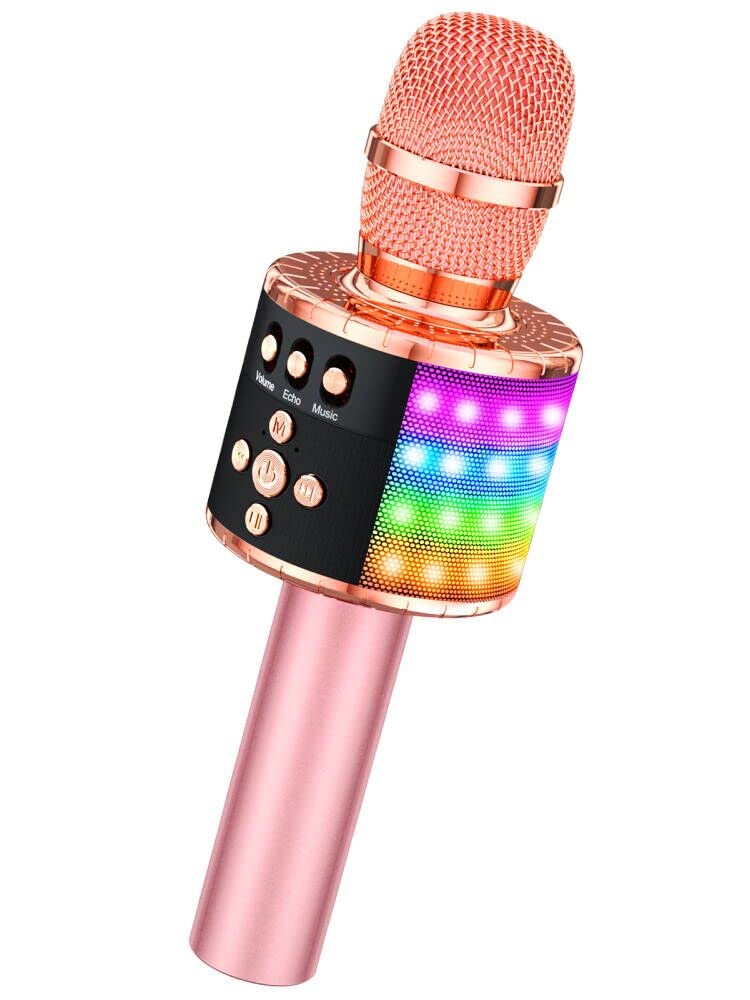 [Australia - AusPower] - BONAOK Wireless Bluetooth Karaoke Microphone with Controllable LED Lights, Portable Handheld Karaoke Speaker Machine Birthday Home Party for All Smartphone Q78 (Rose Gold) Rose Gold 
