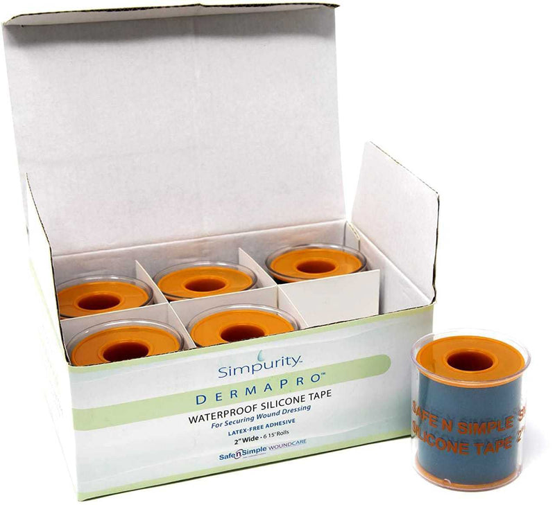 [Australia - AusPower] - Safe n' Simple Simpurity DermaPro Waterproof Silicone Tape for Securing Wound Dressing, Waterproof First Aid Tape, Soft & Comfortable, Easily Removable Tape, 2" x 15'', Box of 6, (SNS57232) 2" x 15'' 