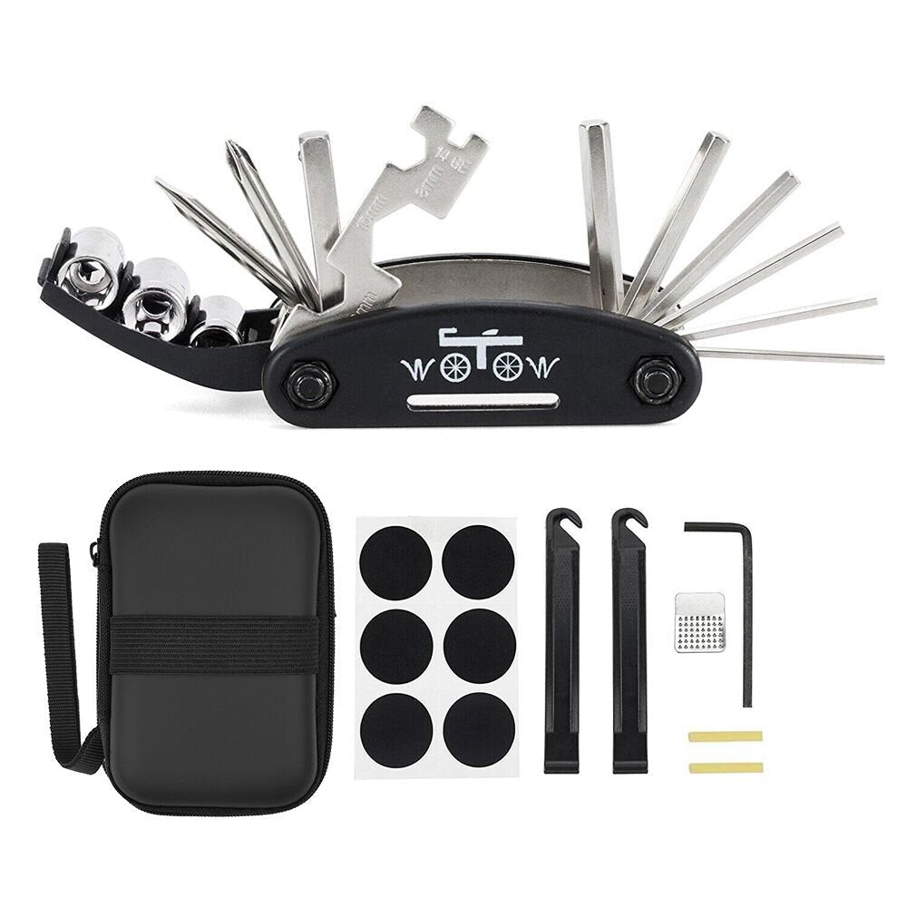 [Australia - AusPower] - WOTOW Bike Repair Tool Kit Set, Bicycle 16 in 1 Multitool Hex Key Wrench & Bike Tube Patch Kit & Tire Lever & Hard Carrying Case, Portable Handy Cycling Maintenance Fix Set for Road Mountain Bikes 